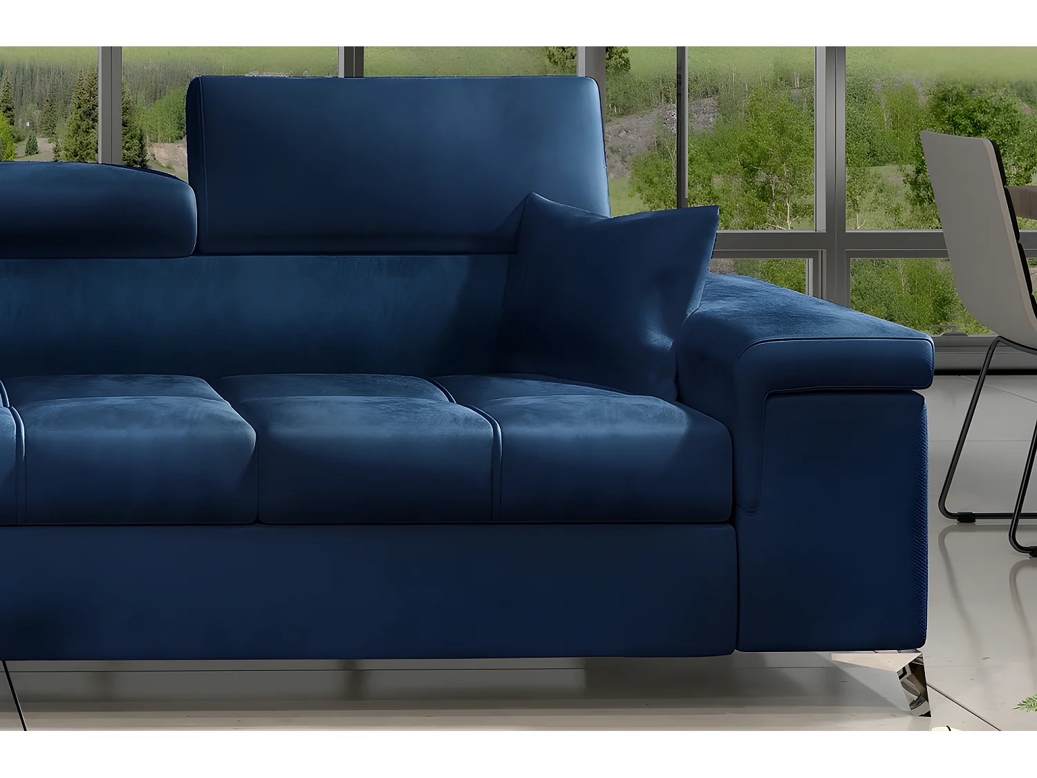 Canapé d'angle convertible en tissu velours luxe 5 places, RICHARD, bleu, angle gauche