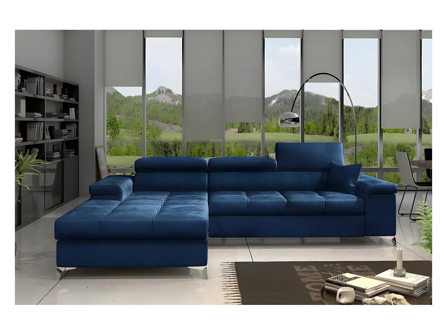 Canapé d'angle convertible en tissu velours luxe 5 places, RICHARD, bleu, angle gauche