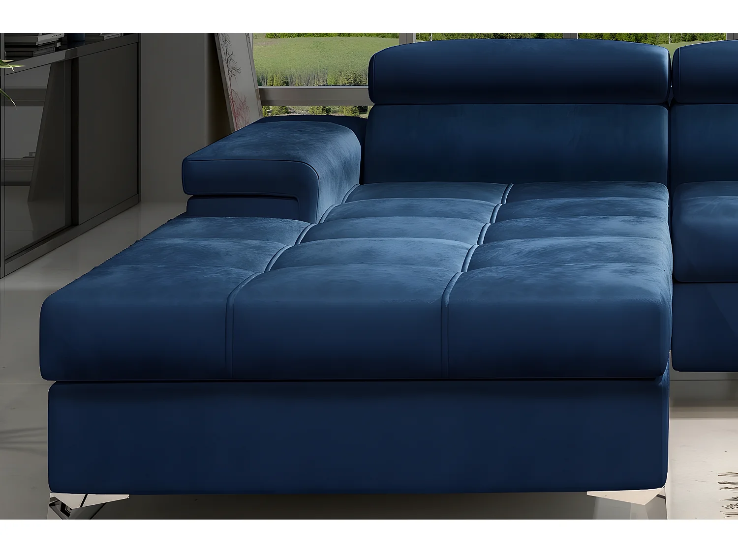 Canapé d'angle convertible en tissu velours luxe 5 places, RICHARD, bleu, angle gauche