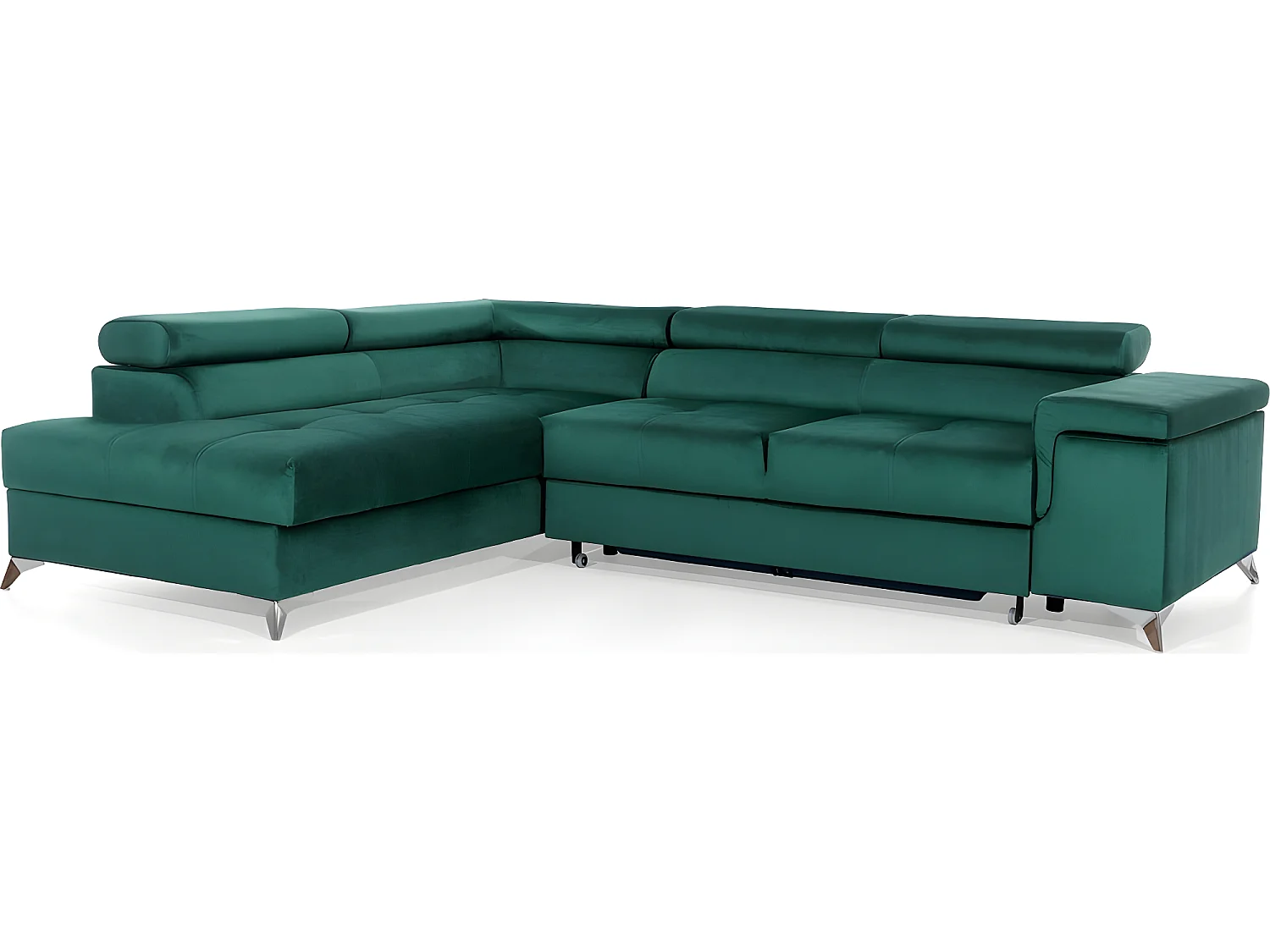 Canapé d'angle convertible - ERWAN - en tissu luxe 5 places, vert, angle gauche (vu de face)