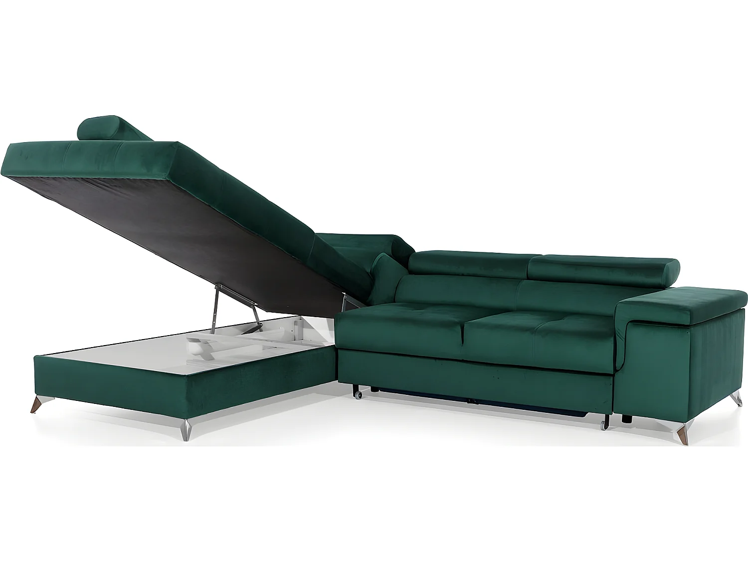 Canapé d'angle convertible - ERWAN - en tissu luxe 5 places, vert, angle gauche (vu de face)