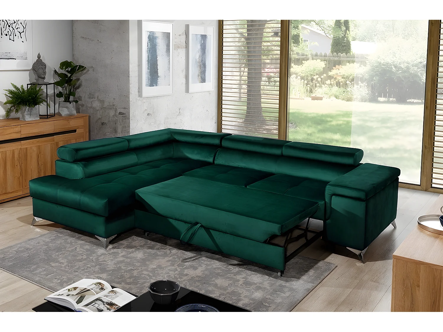 Canapé d'angle convertible - ERWAN - en tissu luxe 5 places, vert, angle gauche (vu de face)