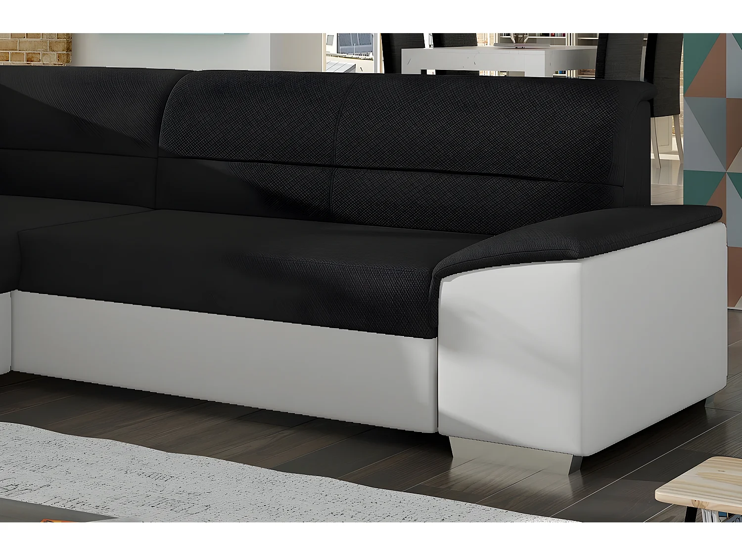 Canapé d'angle convertible en tissu luxe noir et simili cuir blanc cassé, 5 places, avec coffre, angle gauche (vu de face), VERTU MIX