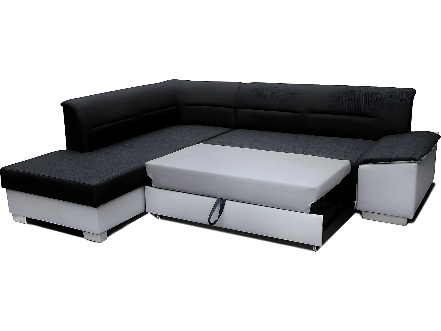 Canapé d'angle convertible en tissu luxe noir et simili cuir blanc cassé, 5 places, avec coffre, angle gauche (vu de face), VERTU MIX