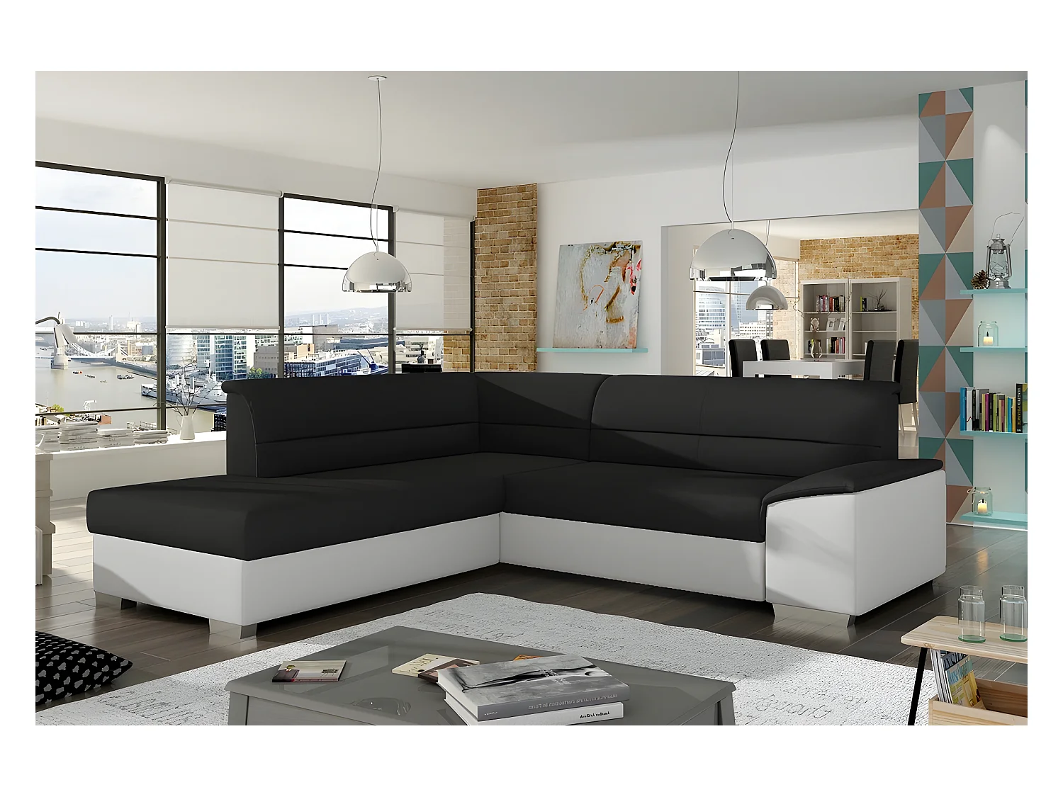 Canapé d'angle convertible en tissu luxe noir et simili cuir blanc cassé, 5 places, avec coffre, angle gauche (vu de face), VERTU MIX