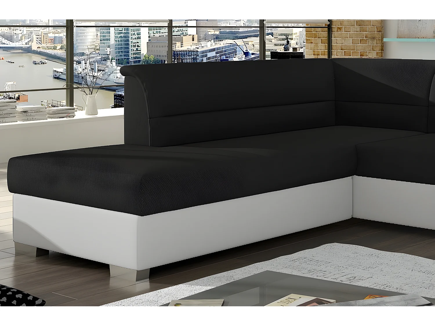 Canapé d'angle convertible en tissu luxe noir et simili cuir blanc cassé, 5 places, avec coffre, angle gauche (vu de face), VERTU MIX