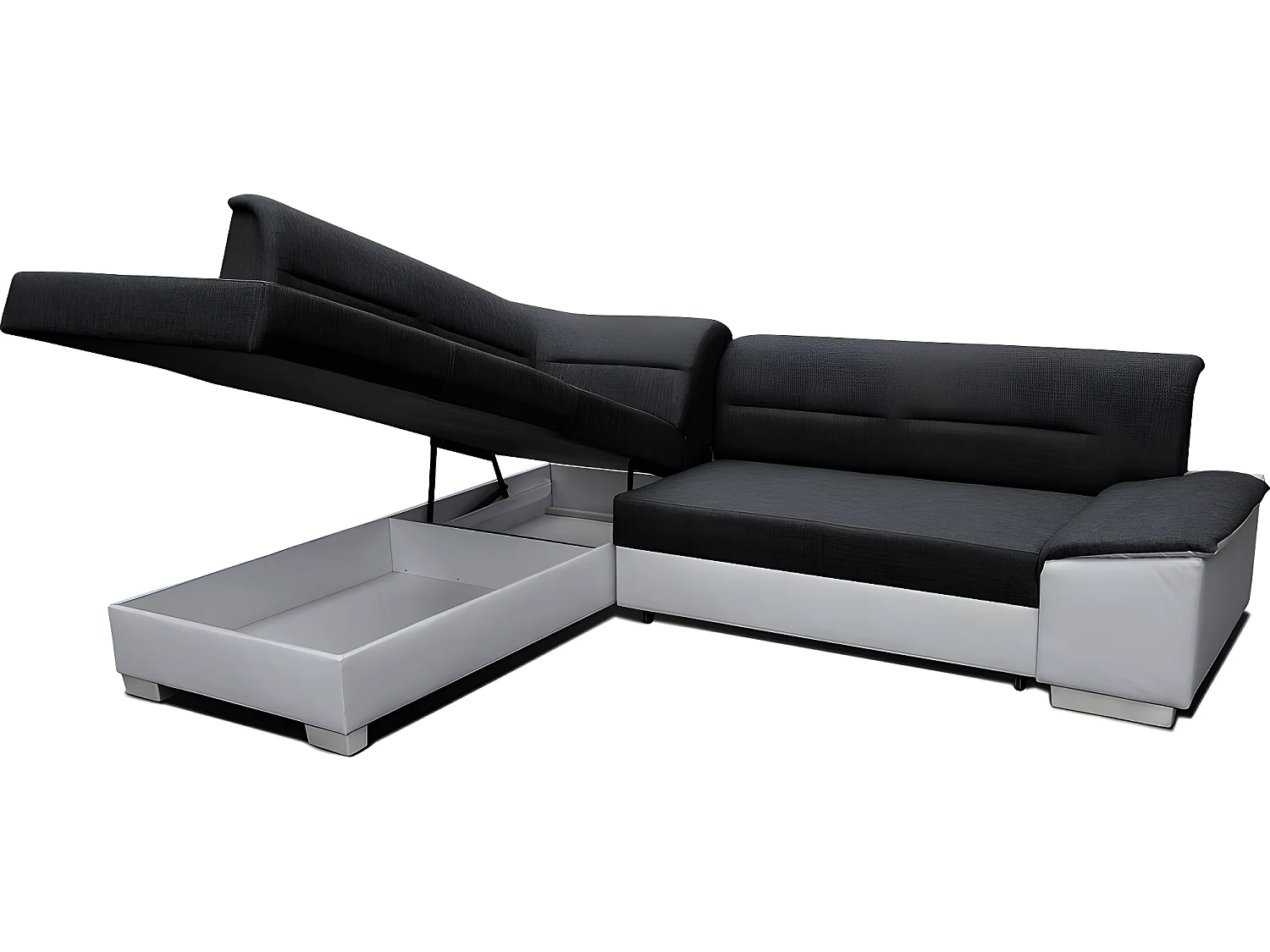 Canapé d'angle convertible en tissu luxe noir et simili cuir blanc cassé, 5 places, avec coffre, angle gauche (vu de face), VERTU MIX