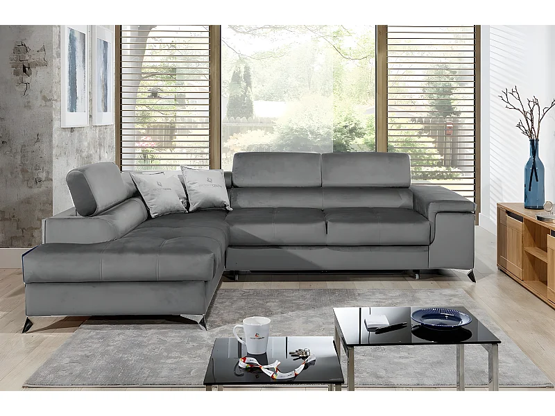 Canapé d'angle convertible - ERWAN - en tissu luxe 5 places, gris, angle gauche (vu de face)