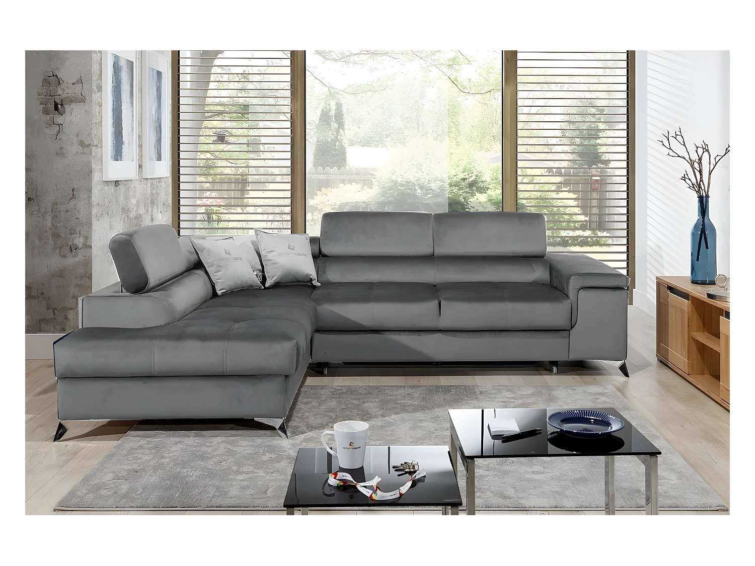 Canapé d'angle convertible - ERWAN - en tissu luxe 5 places, gris, angle gauche (vu de face)