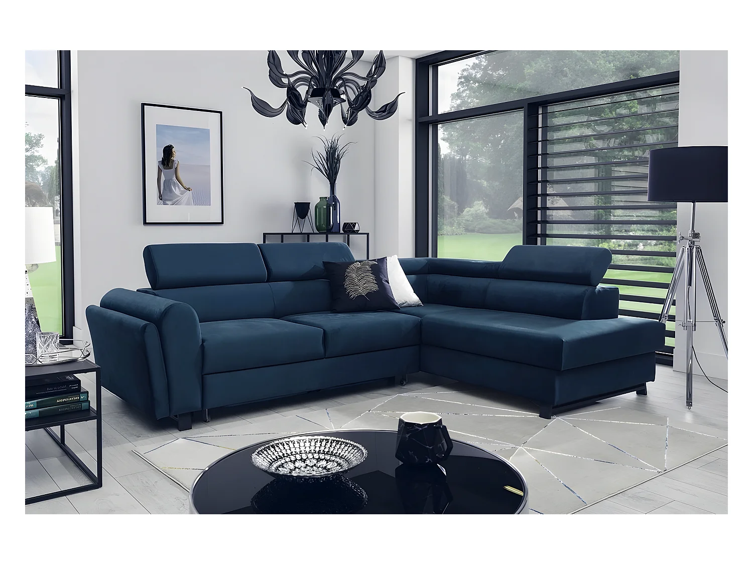 Hoekslaapbank KARL VELOURS in Prestige-Blauw met opbergruimte en verstelbare hoofdsteunen