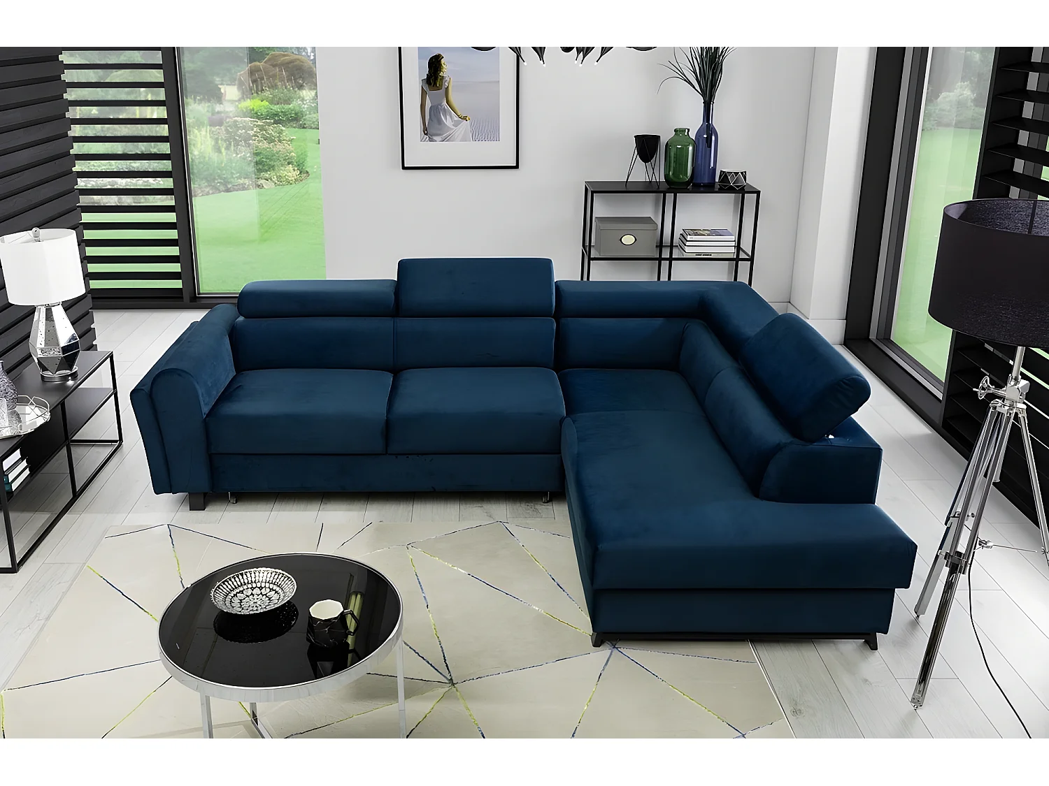 Canapé d'angle convertible - KARL VELOURS - en tissu prestige bleu, 5 places, angle droit (vu de face)