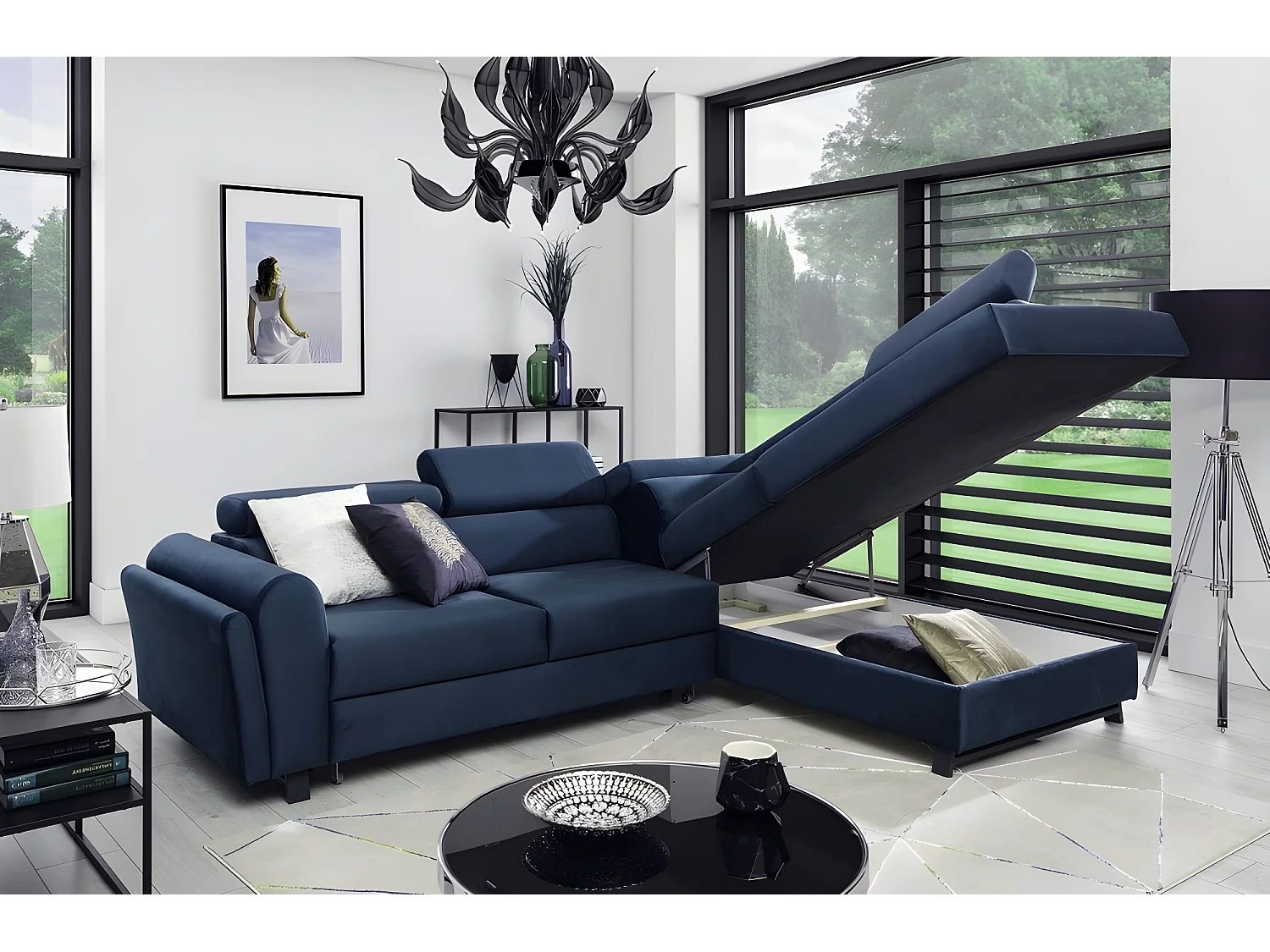 Canapé d'angle convertible - KARL VELOURS - en tissu prestige bleu, 5 places, angle droit (vu de face)