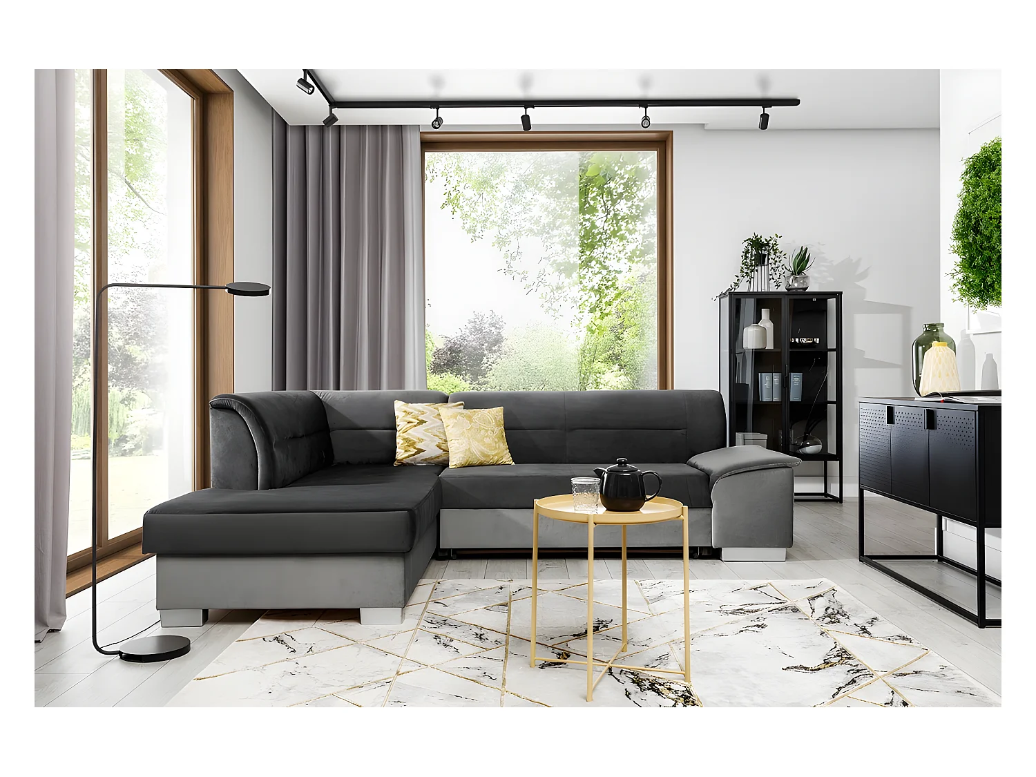 Canapé d'angle convertible en tissu luxe 5 places, avec coffre, gris foncé et gris clair, angle gauche (vu de face), VERTU VELOURS