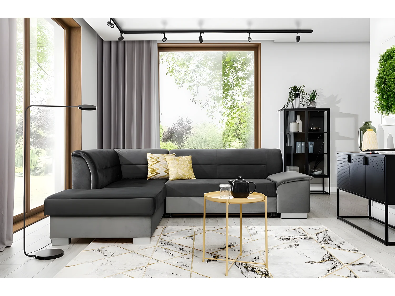 Canapé d'angle convertible en tissu luxe 5 places, avec coffre, gris foncé et gris clair, angle gauche (vu de face), VERTU VELOURS