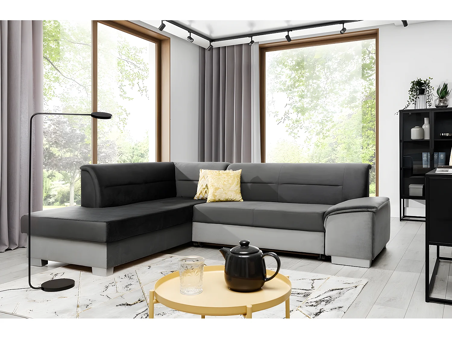 Canapé d'angle convertible en tissu luxe 5 places, avec coffre, gris foncé et gris clair, angle gauche (vu de face), VERTU VELOURS