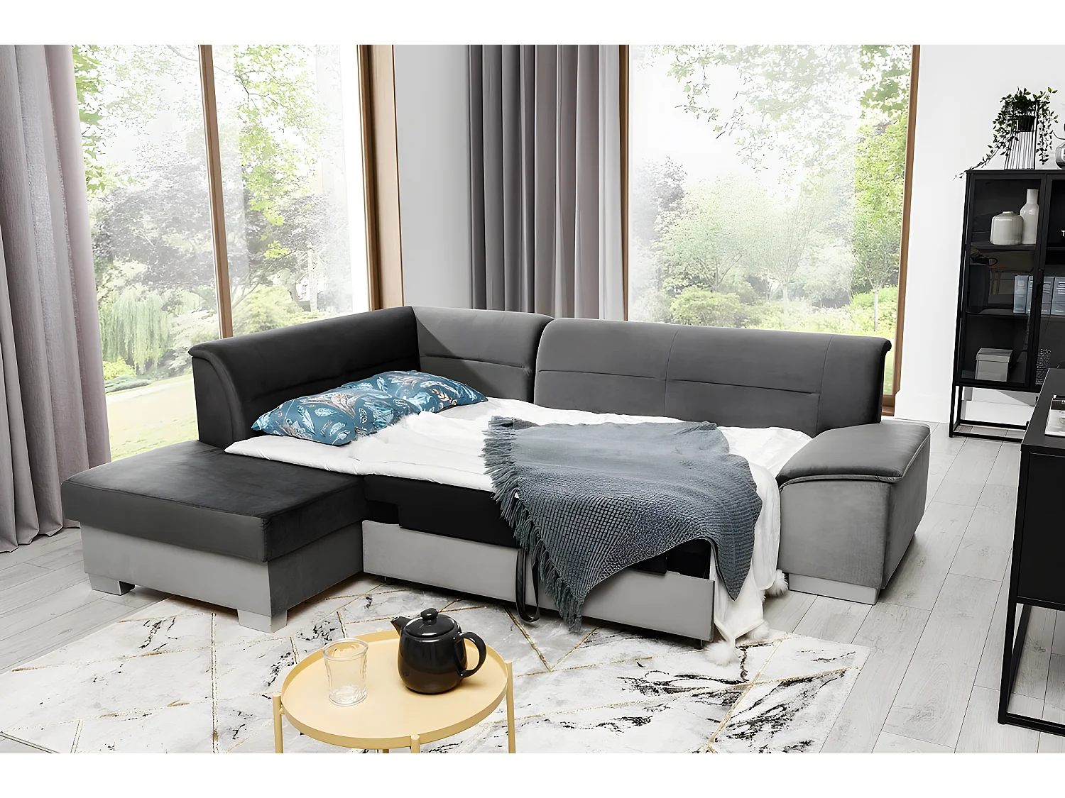 Canapé d'angle convertible en tissu luxe 5 places, avec coffre, gris foncé et gris clair, angle gauche (vu de face), VERTU VELOURS