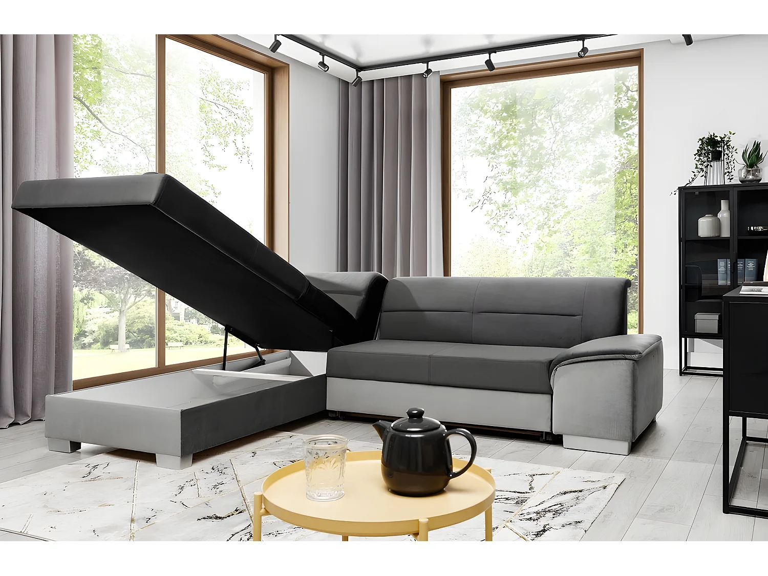 Canapé d'angle convertible en tissu luxe 5 places, avec coffre, gris foncé et gris clair, angle gauche (vu de face), VERTU VELOURS