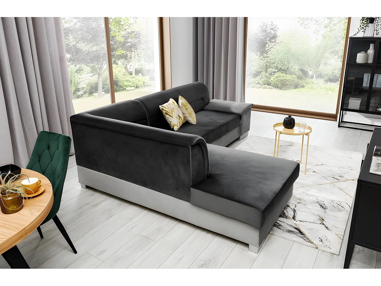 Canapé d'angle convertible en tissu luxe 5 places, avec coffre, gris foncé et gris clair, angle gauche (vu de face), VERTU VELOURS