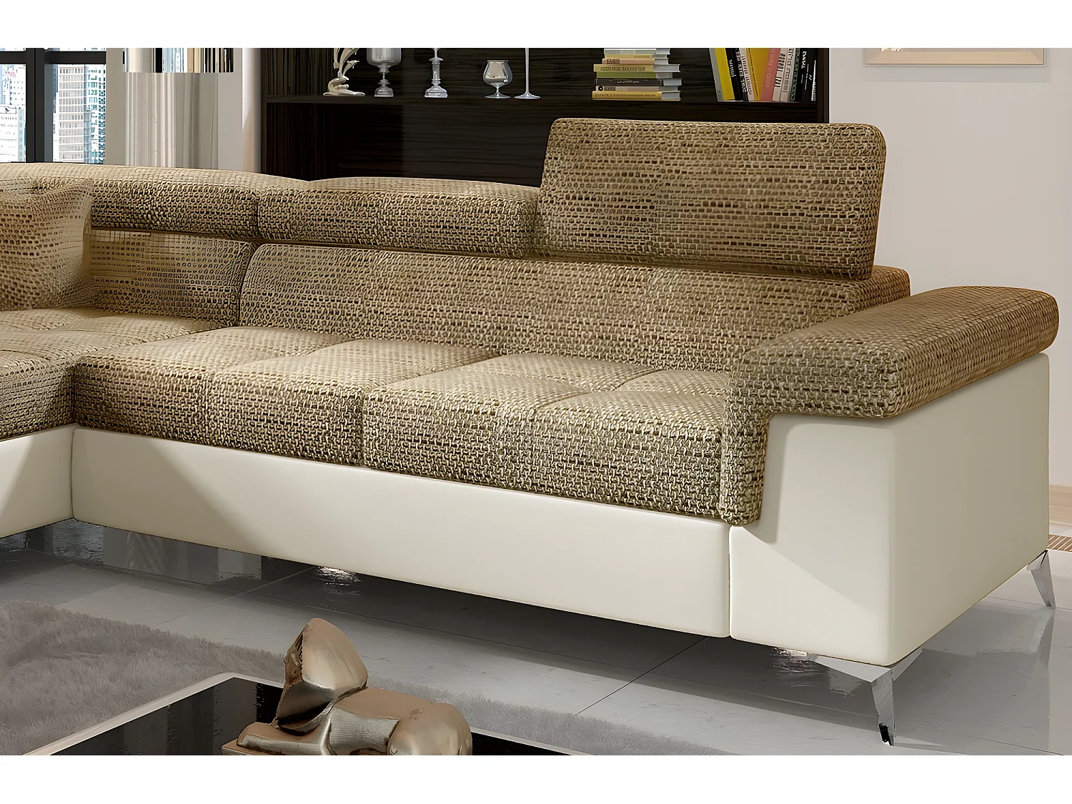 Canapé d'angle convertible - ERMAN - en tissu et simili 5 places, marron et écru, angle gauche (vu de face)