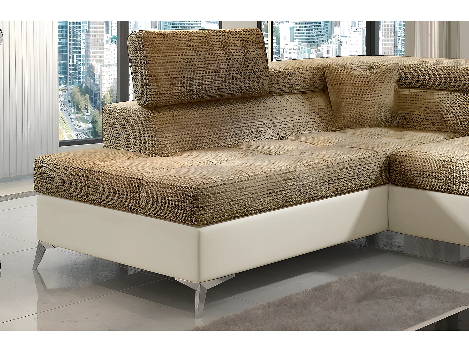 Canapé d'angle convertible - ERMAN - en tissu et simili 5 places, marron et écru, angle gauche (vu de face)