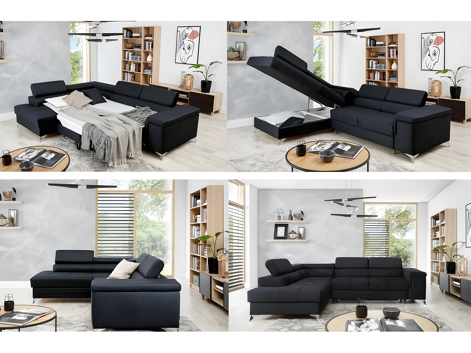 Canapé d'angle convertible - ERMAN - en tissu et simili 5 places, marron et écru, angle gauche (vu de face)