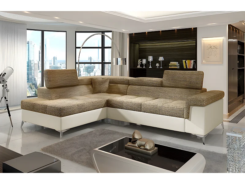 Hoekbank van stof en kunstleer, bruin en ecru, met opbergruimte en slaapplaats 125x193 cm - ERMAN