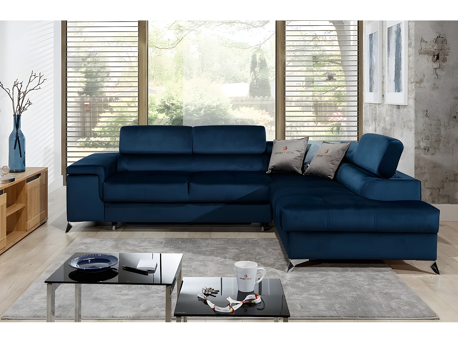 Canapé d'angle convertible - ERWAN - en tissu luxe 5 places, bleu foncé, angle droit (vu de face)