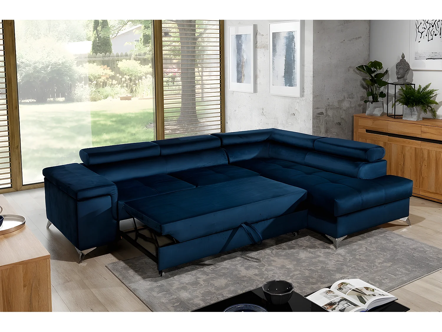 Canapé d'angle convertible - ERWAN - en tissu luxe 5 places, bleu foncé, angle droit (vu de face)