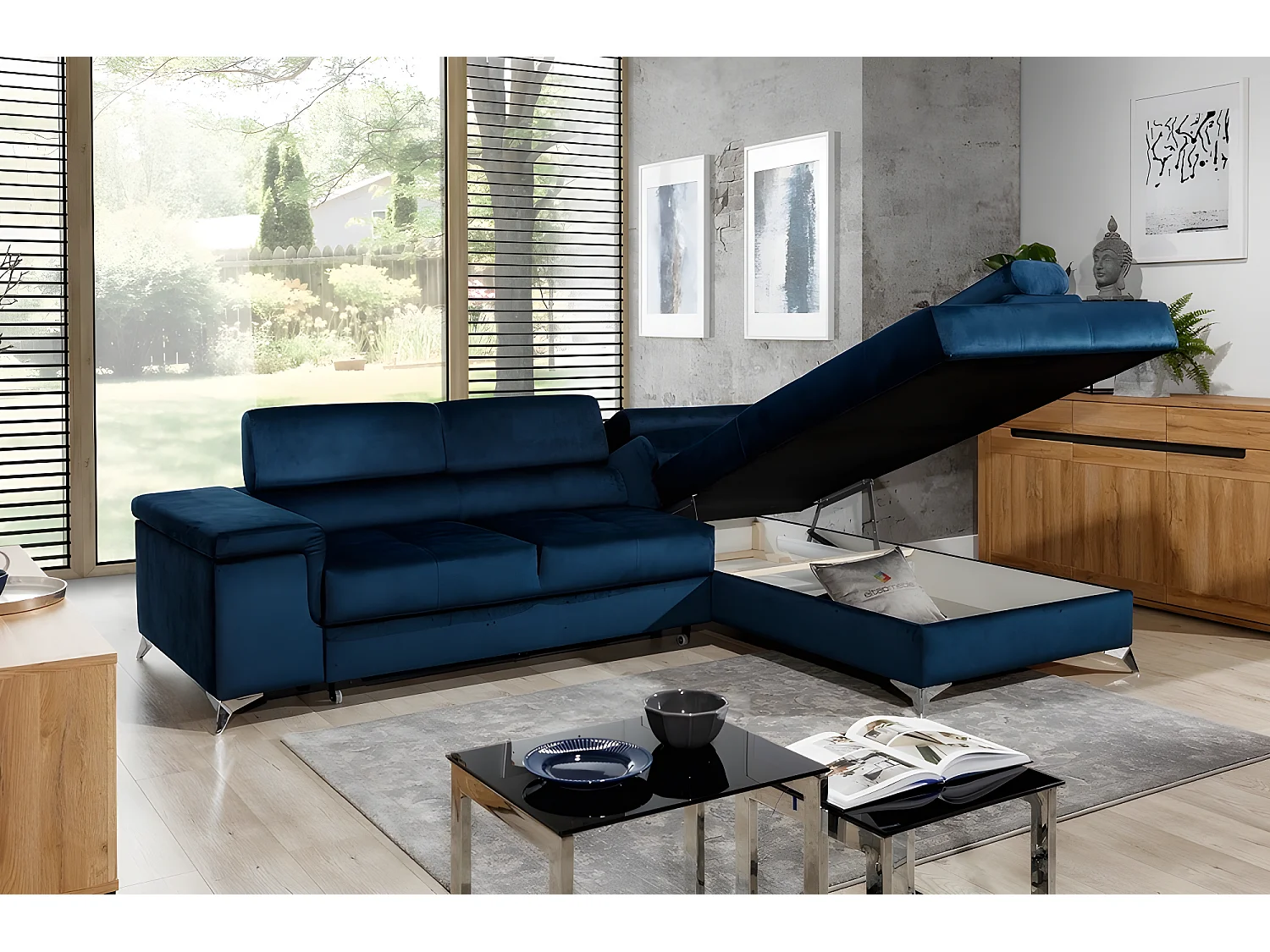 Canapé d'angle convertible - ERWAN - en tissu luxe 5 places, bleu foncé, angle droit (vu de face)