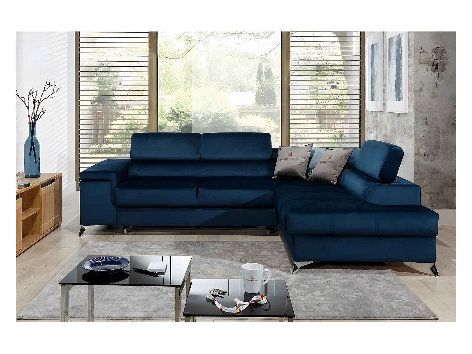 Hoekbank van luxe ERWAN-stof met 5 zitplaatsen, donkerblauw, met opbergkist en ergonomische rugleuning