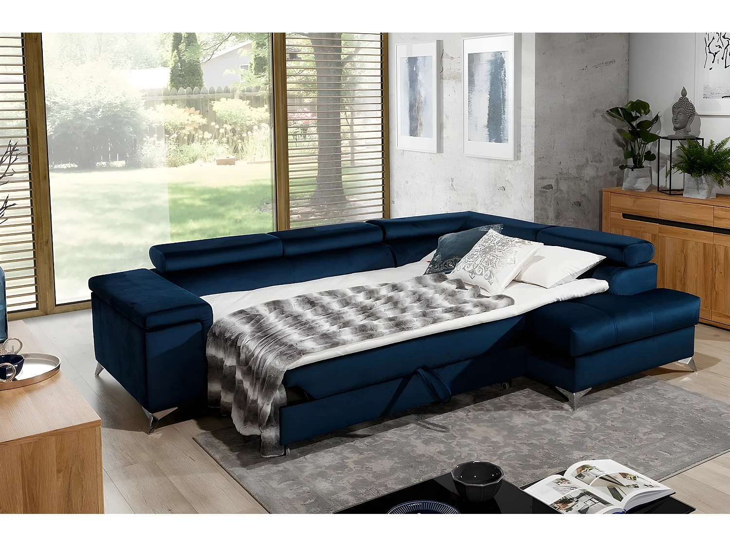 Canapé d'angle convertible - ERWAN - en tissu luxe 5 places, bleu foncé, angle droit (vu de face)
