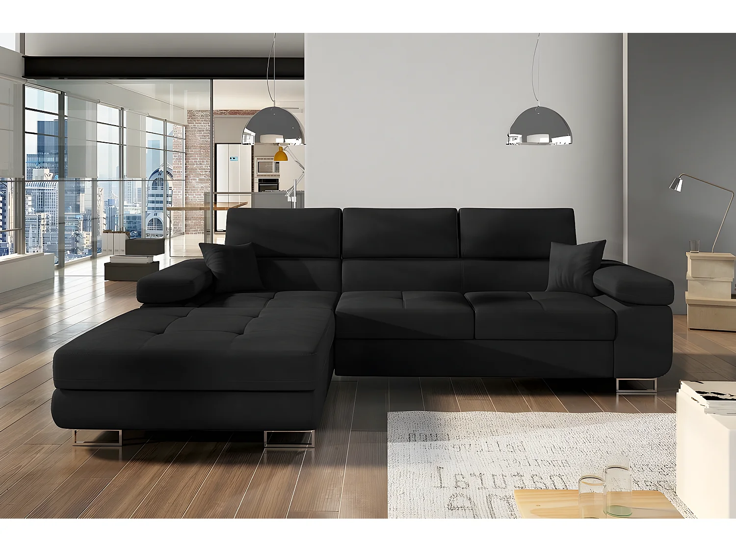 Canapé d'angle convertible ARMEL en tissu luxe 5 places, noir, avec coffre, angle gauche (vu de face)