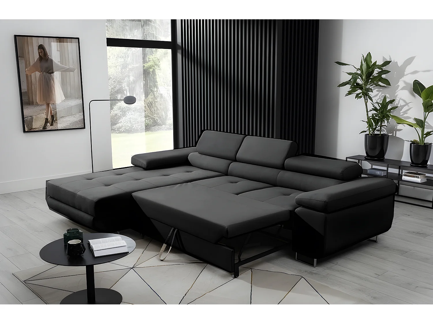 Canapé d'angle convertible ARMEL en tissu luxe 5 places, noir, avec coffre, angle gauche (vu de face)