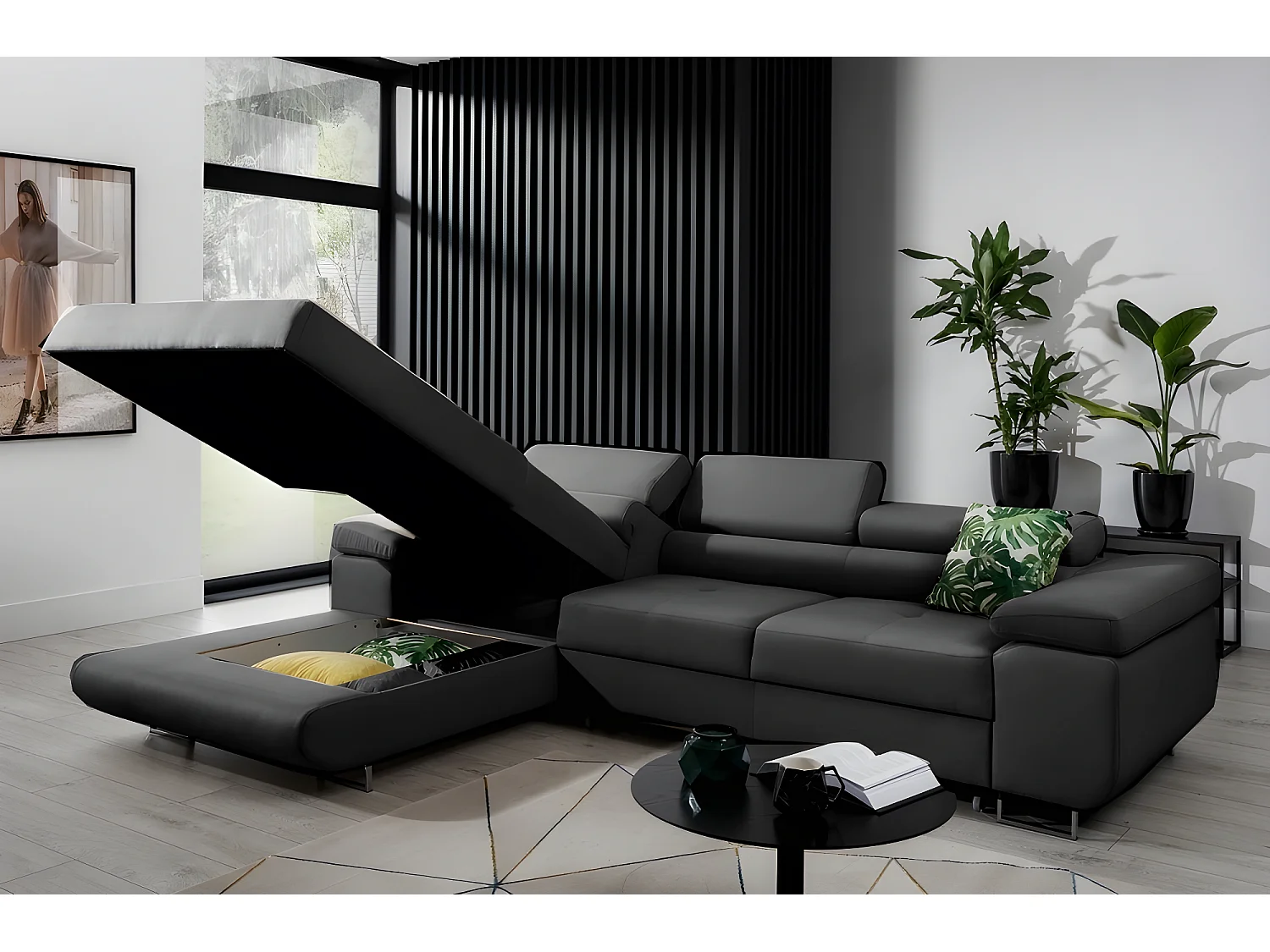 Canapé d'angle convertible ARMEL en tissu luxe 5 places, noir, avec coffre, angle gauche (vu de face)