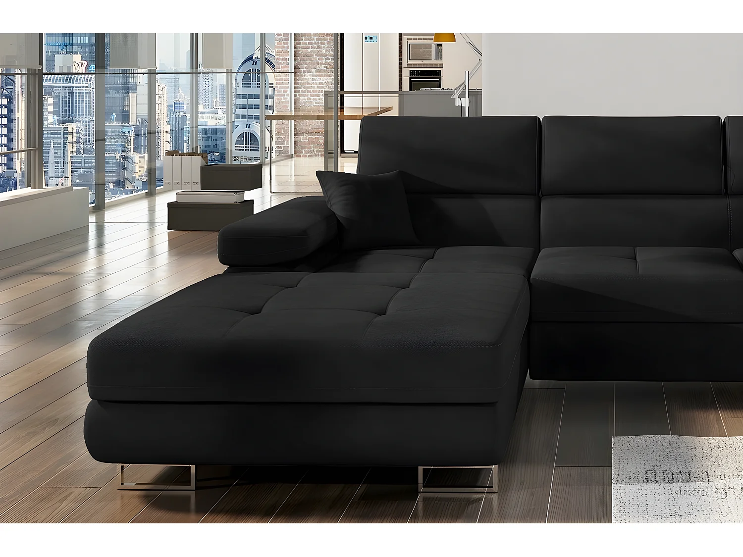 Canapé d'angle convertible ARMEL en tissu luxe 5 places, noir, avec coffre, angle gauche (vu de face)