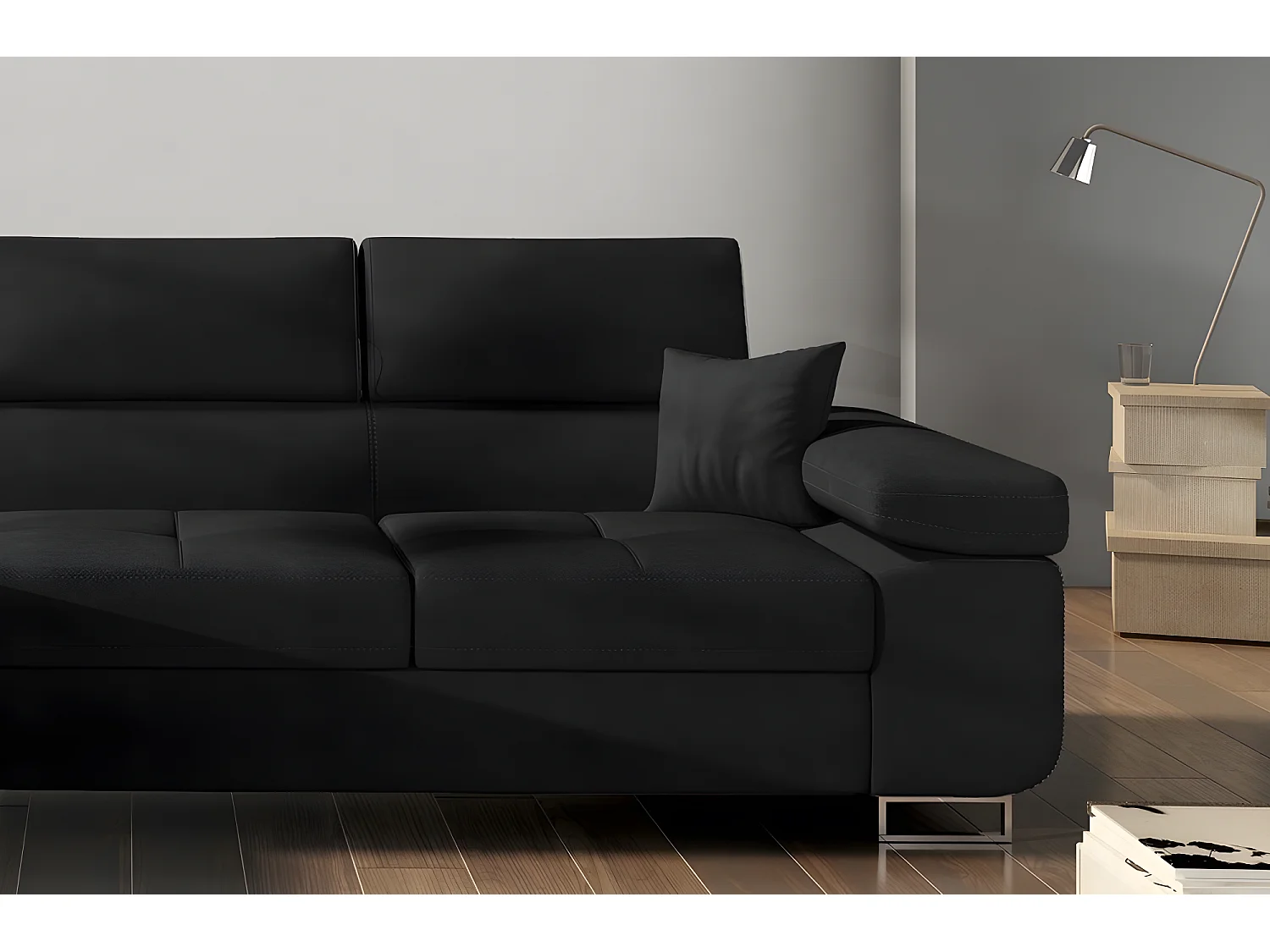 Canapé d'angle convertible ARMEL en tissu luxe 5 places, noir, avec coffre, angle gauche (vu de face)