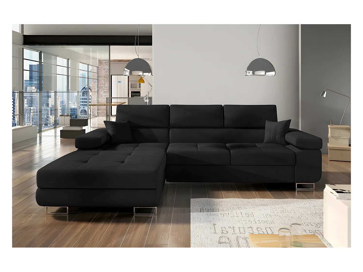 Canapé d'angle convertible ARMEL en tissu luxe 5 places, noir, avec coffre, angle gauche (vu de face)