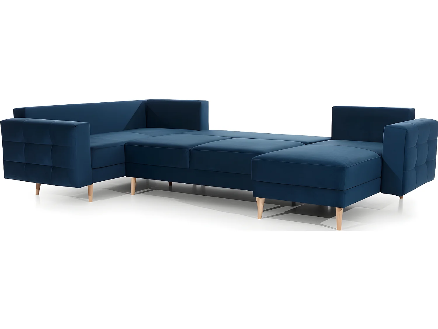 Canapé panoramique convertible - ASMA VELOURS - en tissu de qualité 5 places, bleu foncé, méridienne à droite et angle à gauche (vu de face)