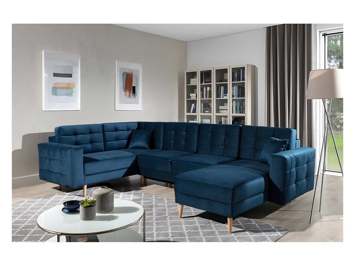 Canapé panoramique convertible - ASMA VELOURS - en tissu de qualité 5 places, bleu foncé, méridienne à droite et angle à gauche (vu de face)