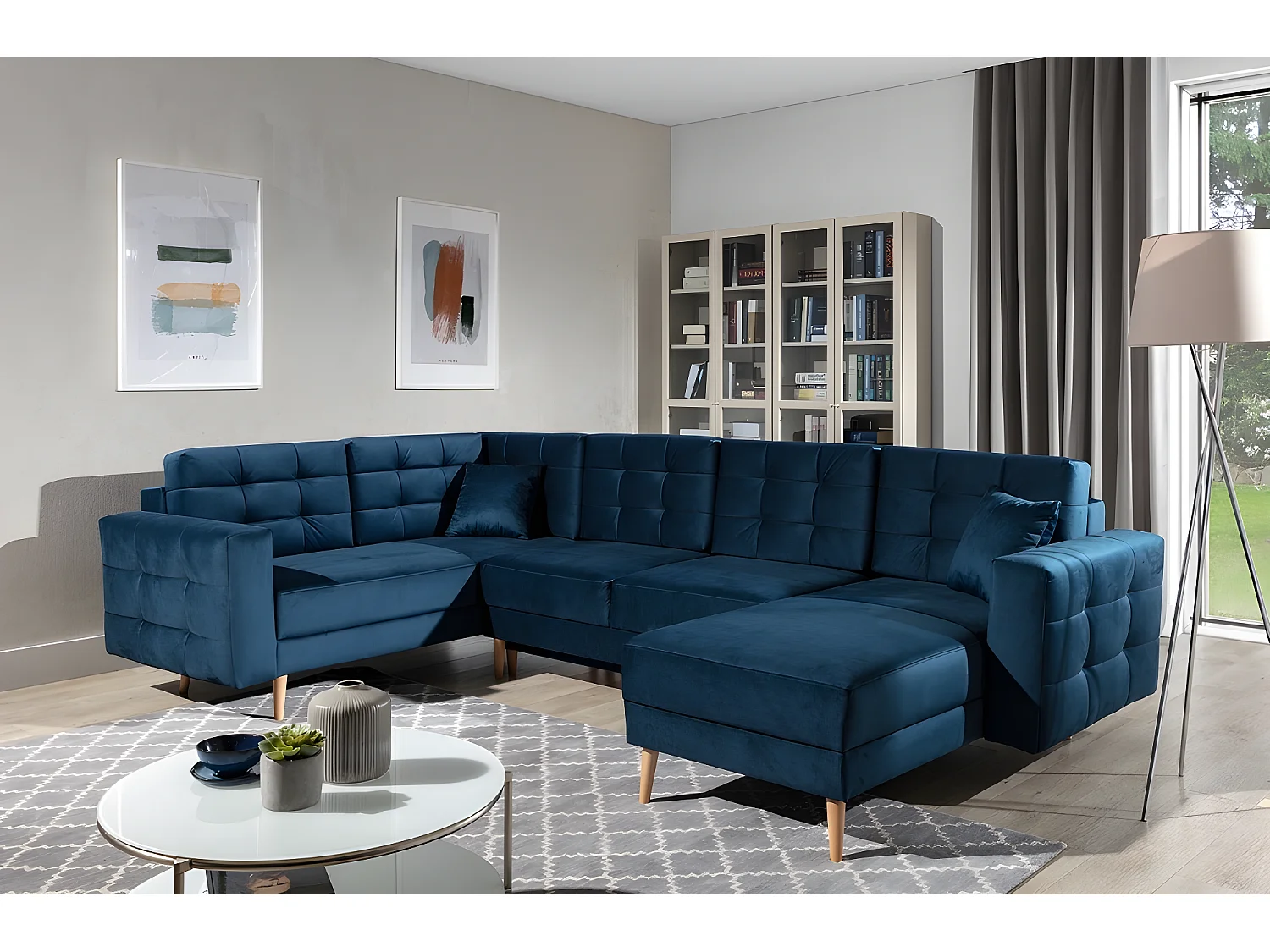 Panoramische slaapbank ASMA VELOURS van hoogwaardige stof, 5 zitplaatsen, donkerblauw