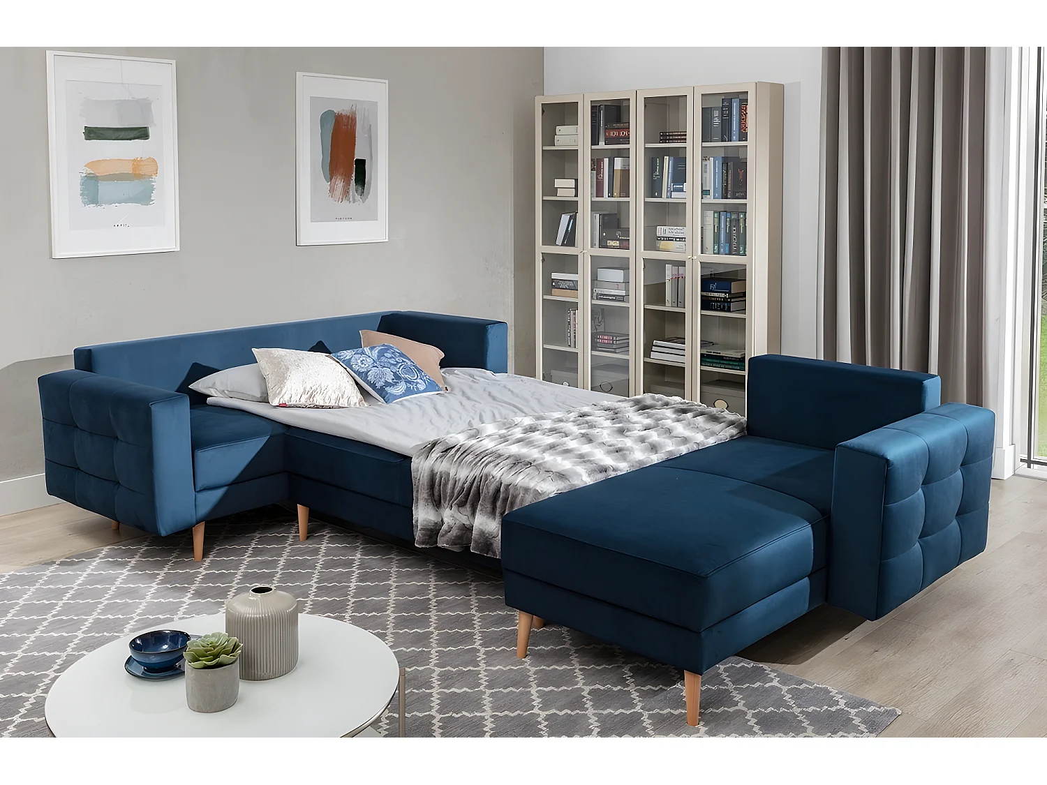 Panoramische slaapbank ASMA VELOURS van hoogwaardige stof, 5 zitplaatsen, donkerblauw