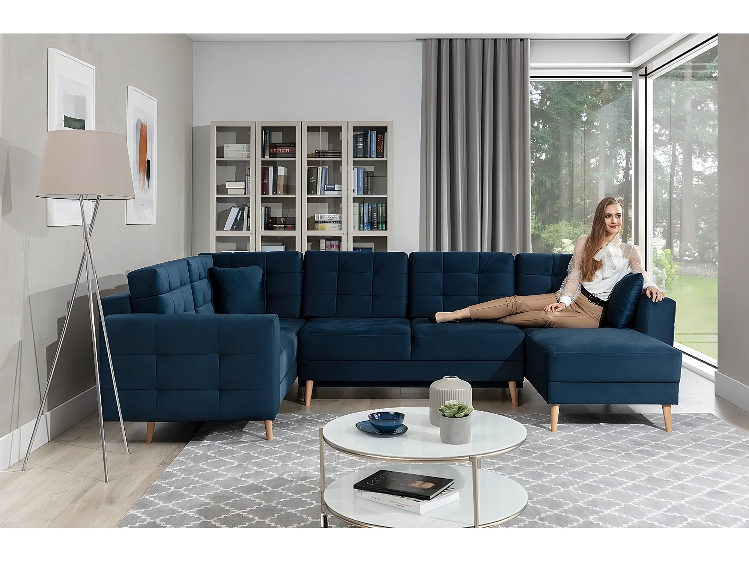 Panoramische slaapbank ASMA VELOURS van hoogwaardige stof, 5 zitplaatsen, donkerblauw