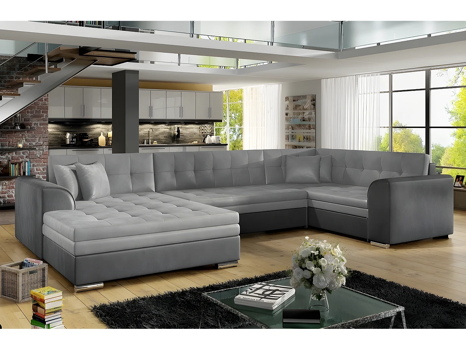 Canapé panoramique convertible - DAMIEN VELOURS - en tissu gris clair et gris foncé de qualité,  7 places, méridienne à gauche et angle à droite (vu de face)