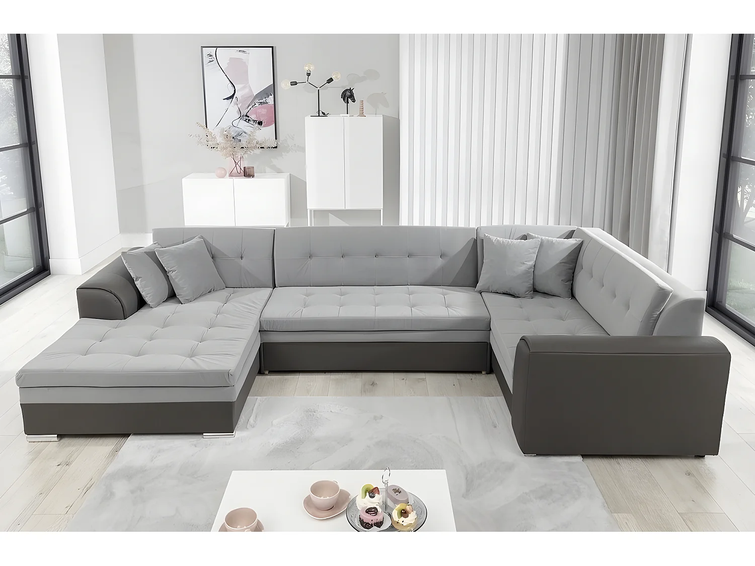 Canapé panoramique convertible - DAMIEN VELOURS - en tissu gris clair et gris foncé de qualité,  7 places, méridienne à gauche et angle à droite (vu de face)