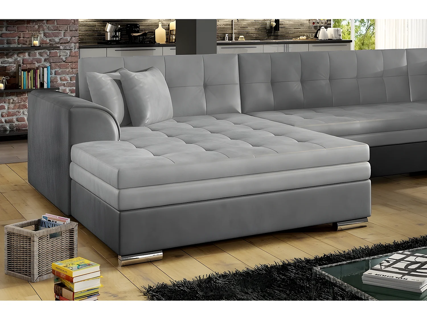 Canapé panoramique convertible - DAMIEN VELOURS - en tissu gris clair et gris foncé de qualité,  7 places, méridienne à gauche et angle à droite (vu de face)