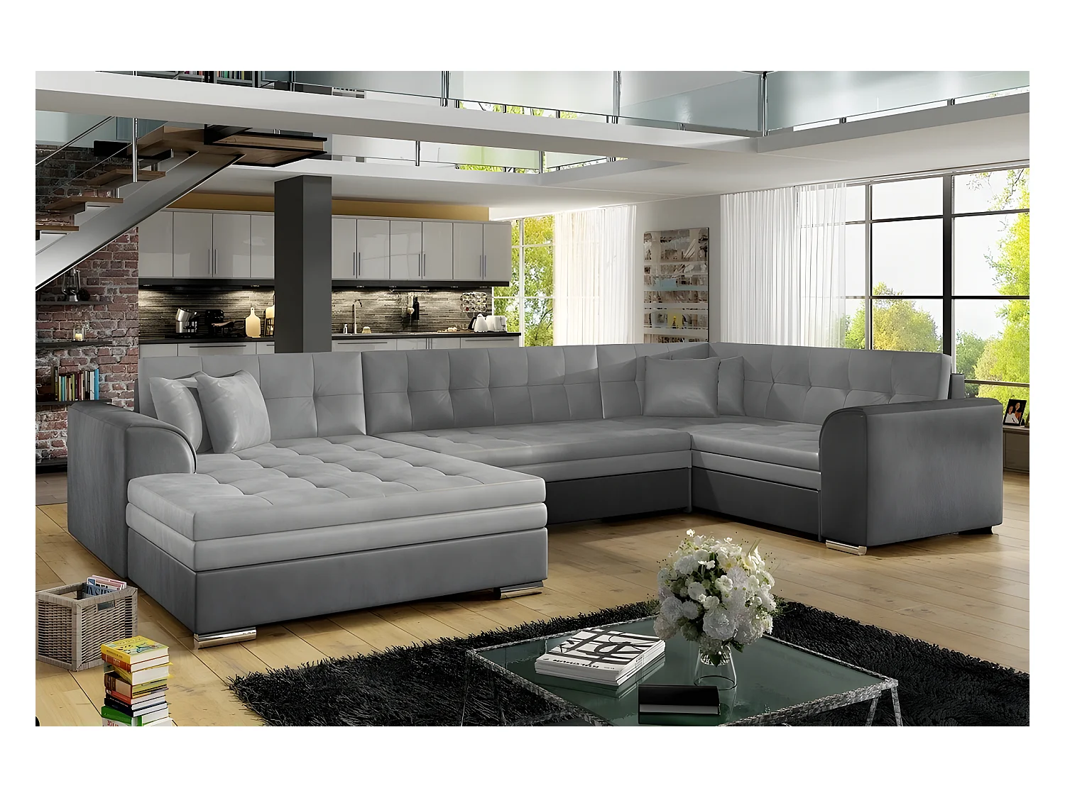Canapé panoramique convertible - DAMIEN VELOURS - en tissu gris clair et gris foncé de qualité,  7 places, méridienne à gauche et angle à droite (vu de face)