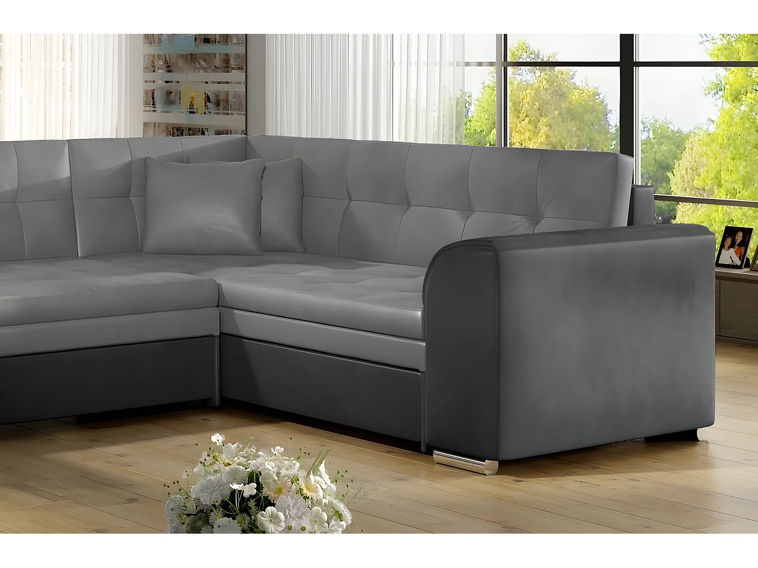 Canapé panoramique convertible - DAMIEN VELOURS - en tissu gris clair et gris foncé de qualité,  7 places, méridienne à gauche et angle à droite (vu de face)