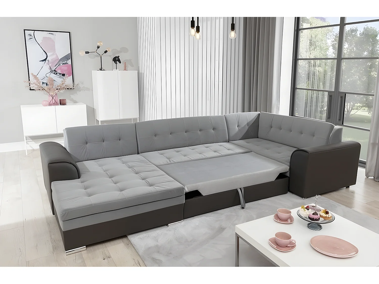 Canapé panoramique convertible - DAMIEN VELOURS - en tissu gris clair et gris foncé de qualité,  7 places, méridienne à gauche et angle à droite (vu de face)