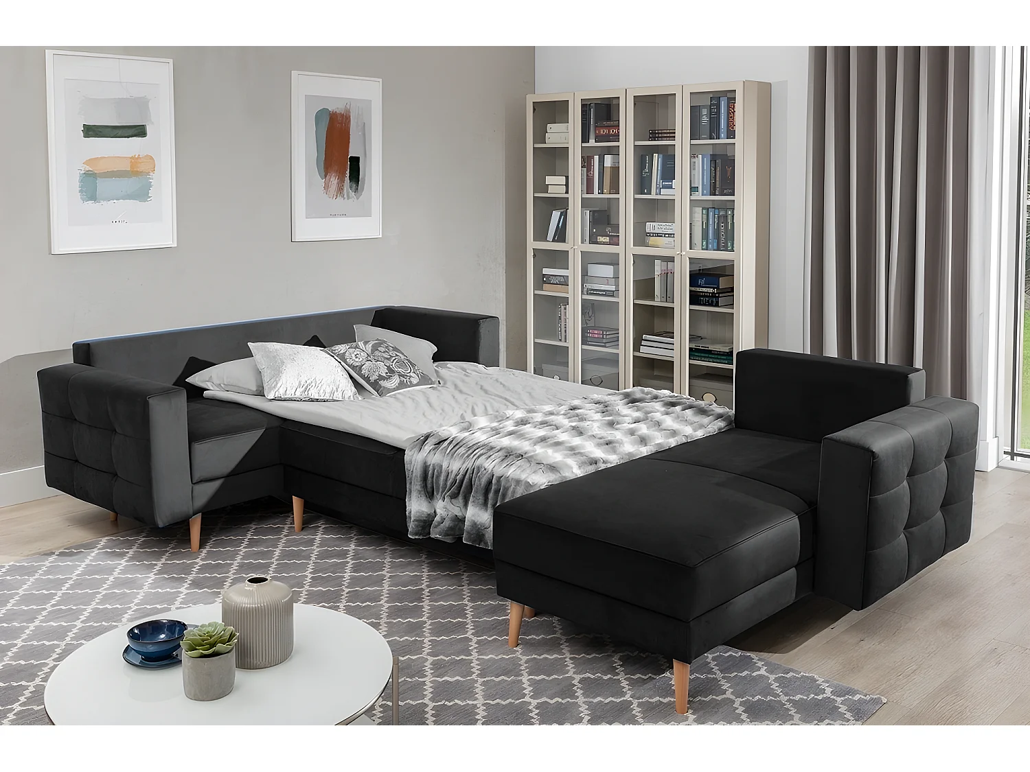 Canapé panoramique convertible - ASMA VELOURS - en tissu de qualité 5 places, gris anthracite, méridienne à droite et angle à gauche (vu de face)