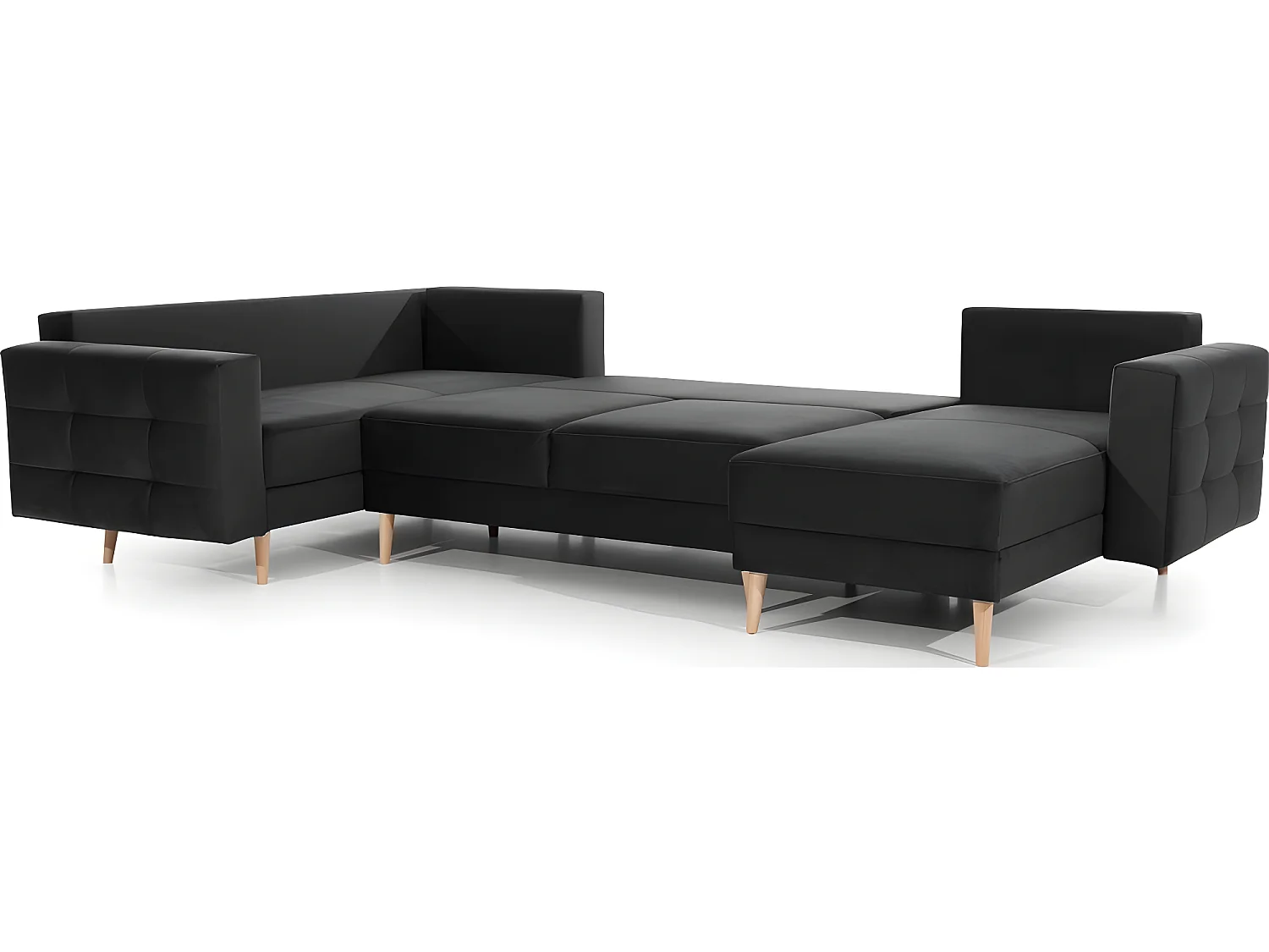 Canapé panoramique convertible - ASMA VELOURS - en tissu de qualité 5 places, gris anthracite, méridienne à droite et angle à gauche (vu de face)